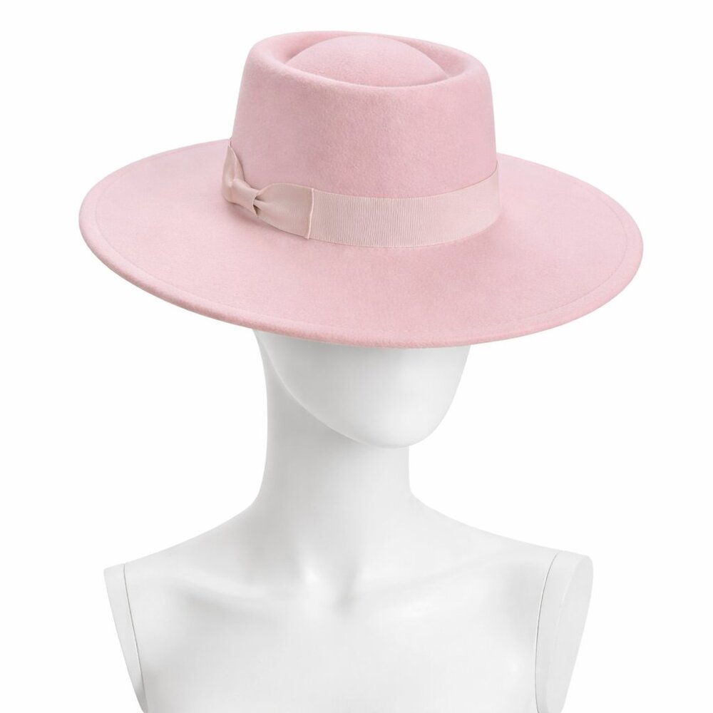 Wide Brim Boater Hat with Ribbon - Structured Faux Felt Hat - Picture 3 of 5